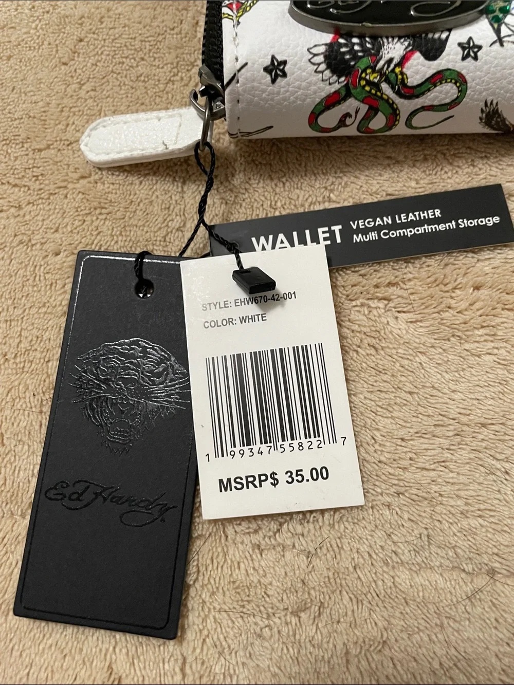 Ed Hardy White Tattoo-Print Zip Wallet with Red Heart Motif